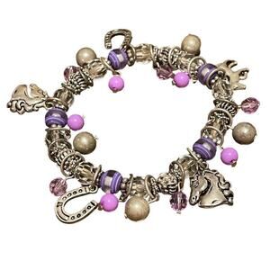 Jewelry Horseshoe Charm Bracelet - Silver Tone Shades Of Dangle Purple Beading